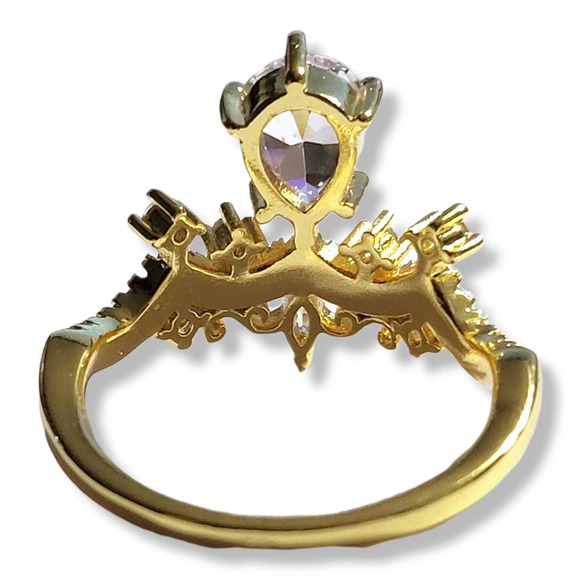 18KYG Plated Brass .97cttw Simulated Pear and Round Diamond Crown Ring Size 7 - Picture 4 of 5